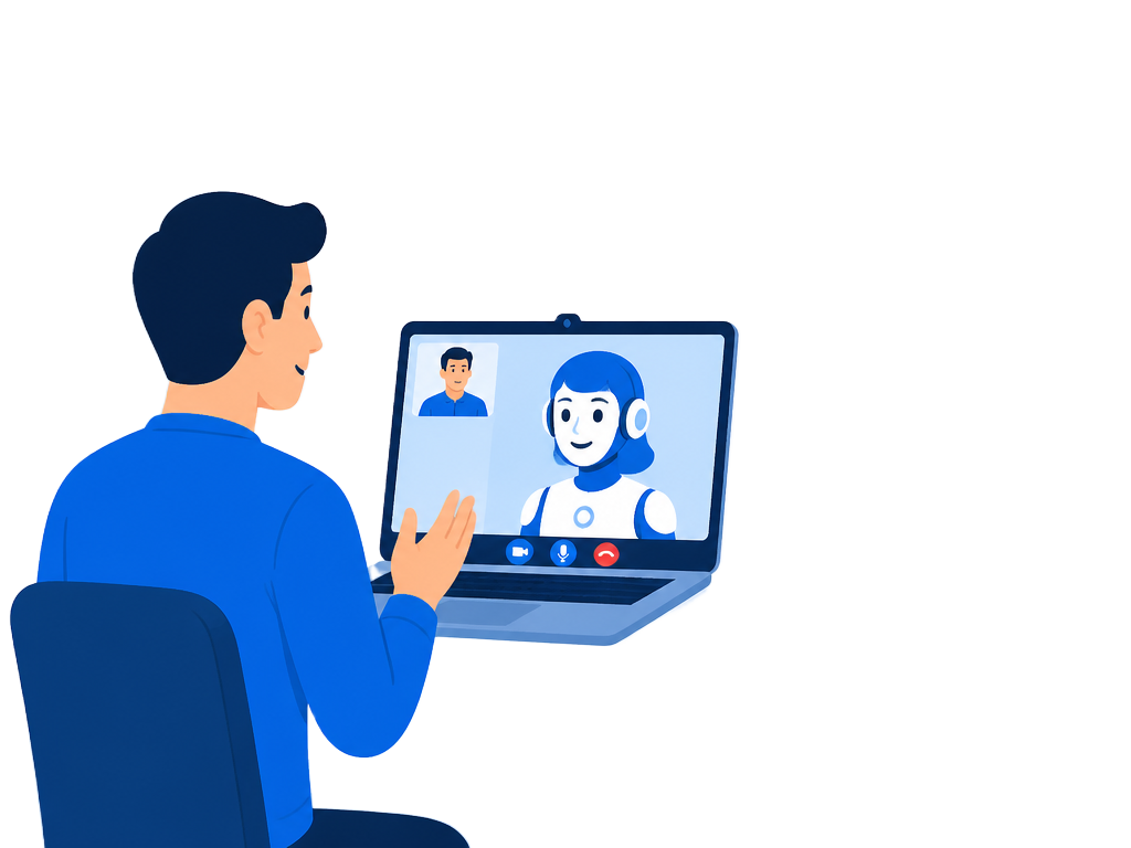 Illustration of a candidate practising an AI mock interview with live scoring