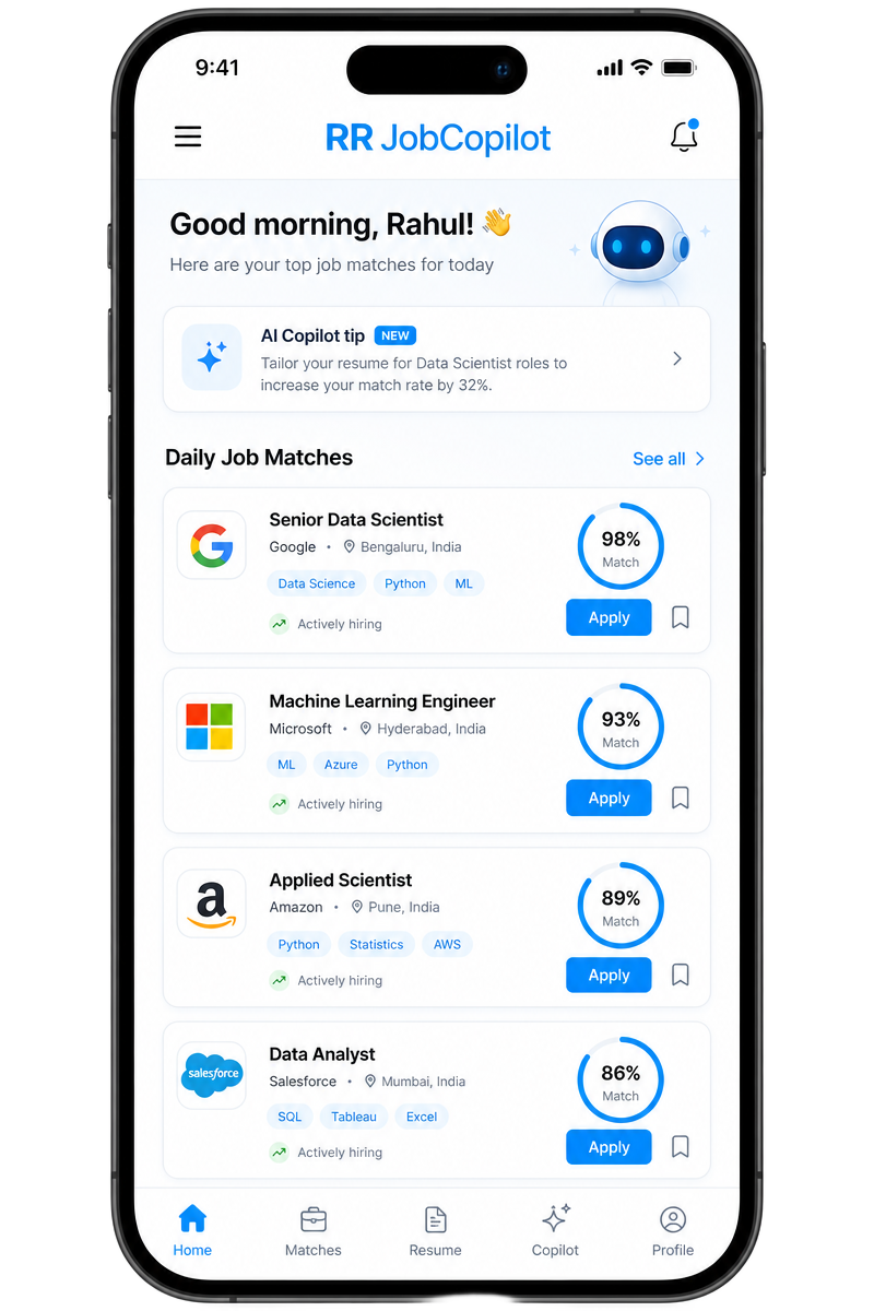 RR JobCopilot mobile app showing daily job matches